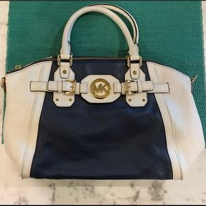 Michael Kors Navy/White with Gold Detailing Soft Leather Tote